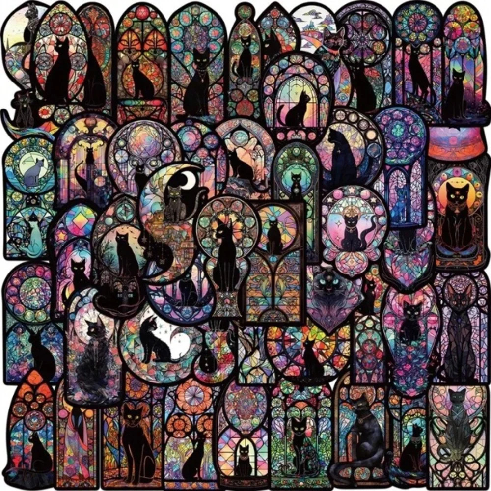50 multicolor stain glass with black cat vinyl stickers decor laptop phone mug